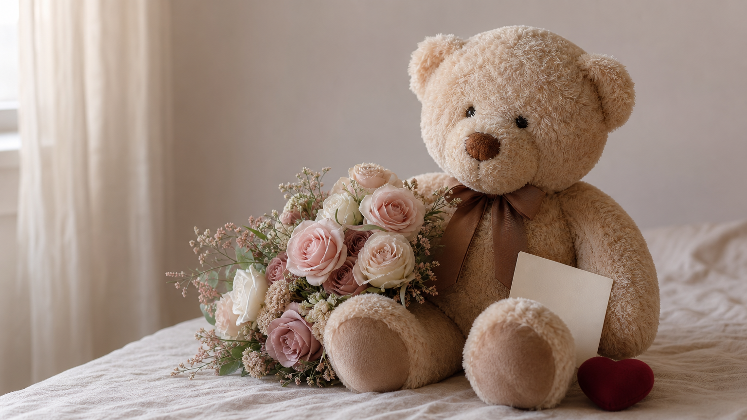 Birthday Flowers A pastel rose bouquet sits next to a large plush teddy bear and a small card.
