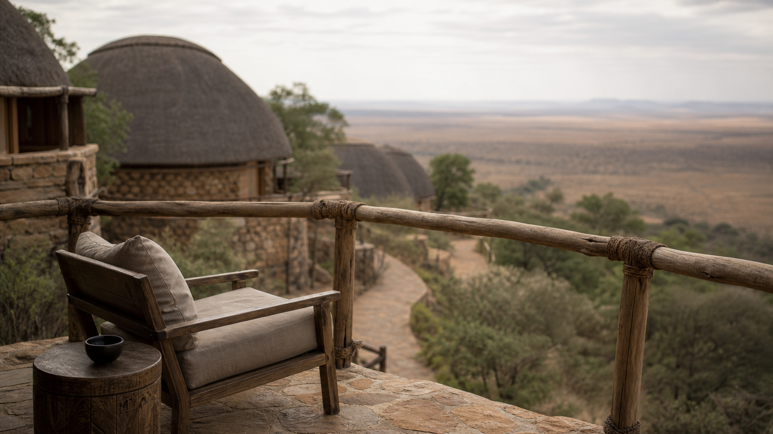 A thatched-roof hillside lodge with a private balcony overlooks the open Serengeti plains.