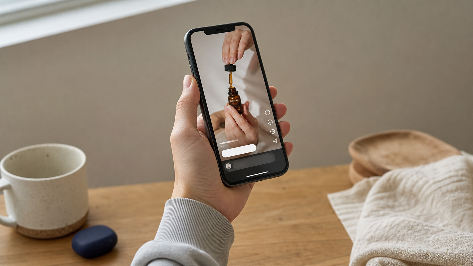 How to Succeed with Affiliate Marketing on Instagram A hand holding a phone recording a product demo Reel with a visible link sticker on screen.