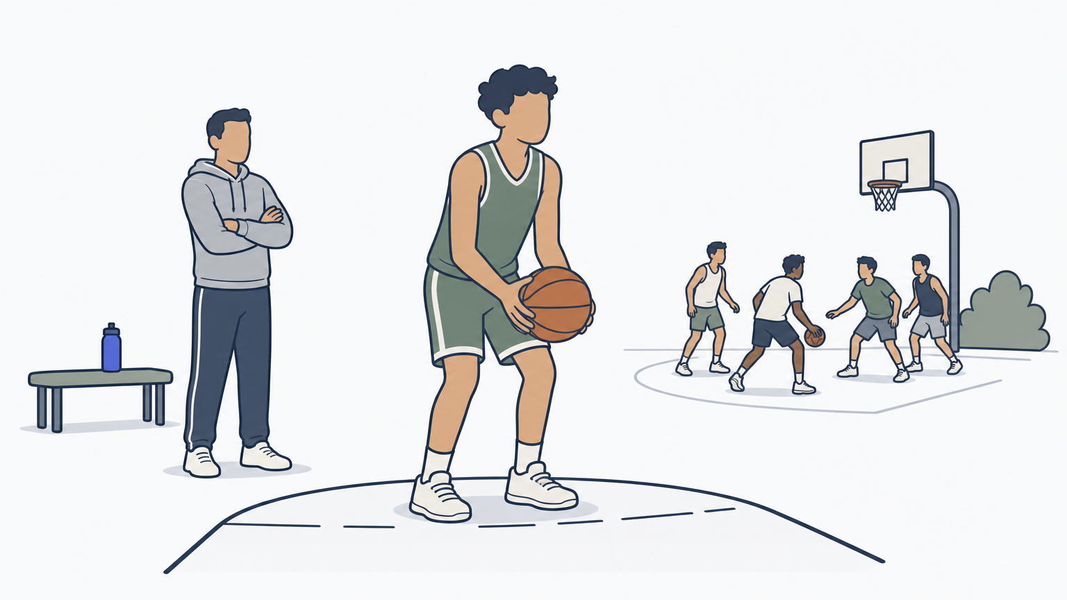 A basketball player practices free throws under a coach's watch while a pickup game happens on an outdoor court nearby.
