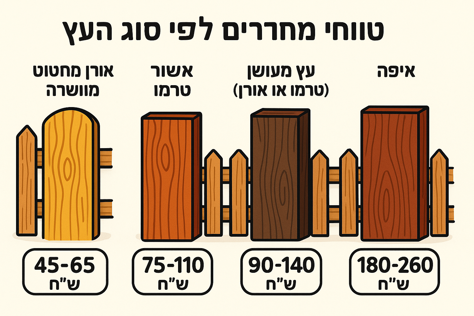 טווחי מחירים ללוחות עץ לפי סוג העץ