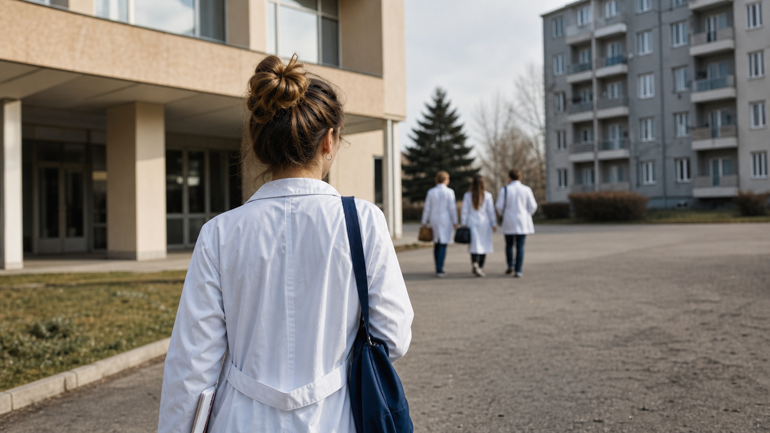 A university campus building in a smaller Russian city with students walking outside.