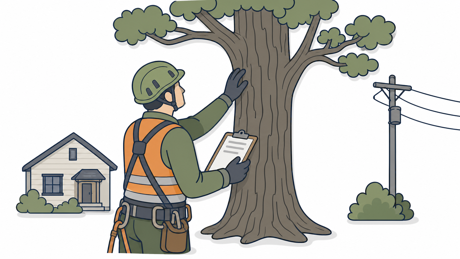 A certified arborist inspects a large tree's trunk and branches near a house.