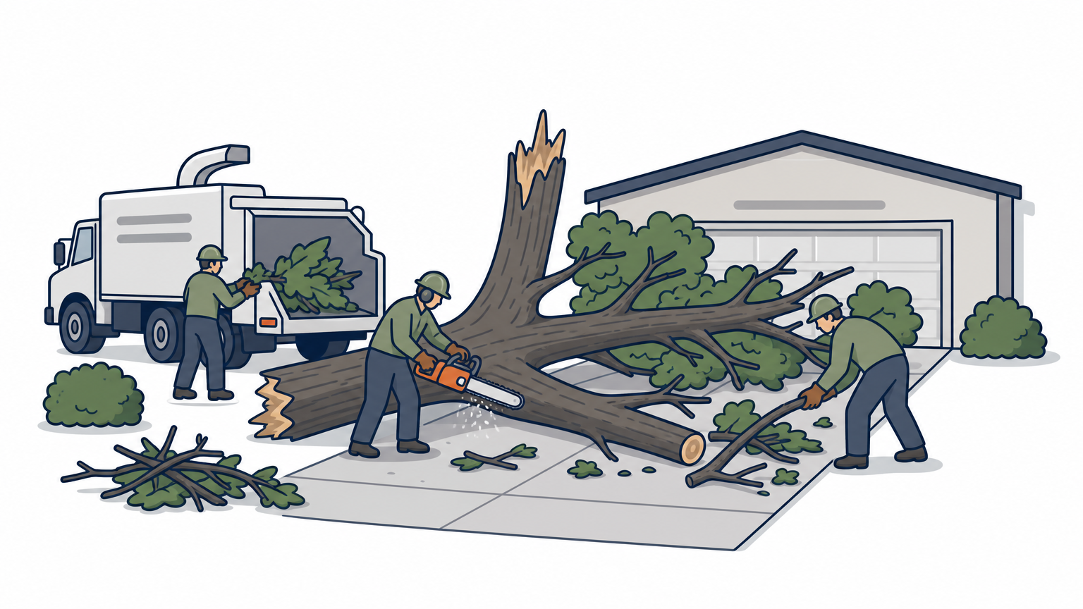 A crew clears a large fallen tree from a driveway after a storm.