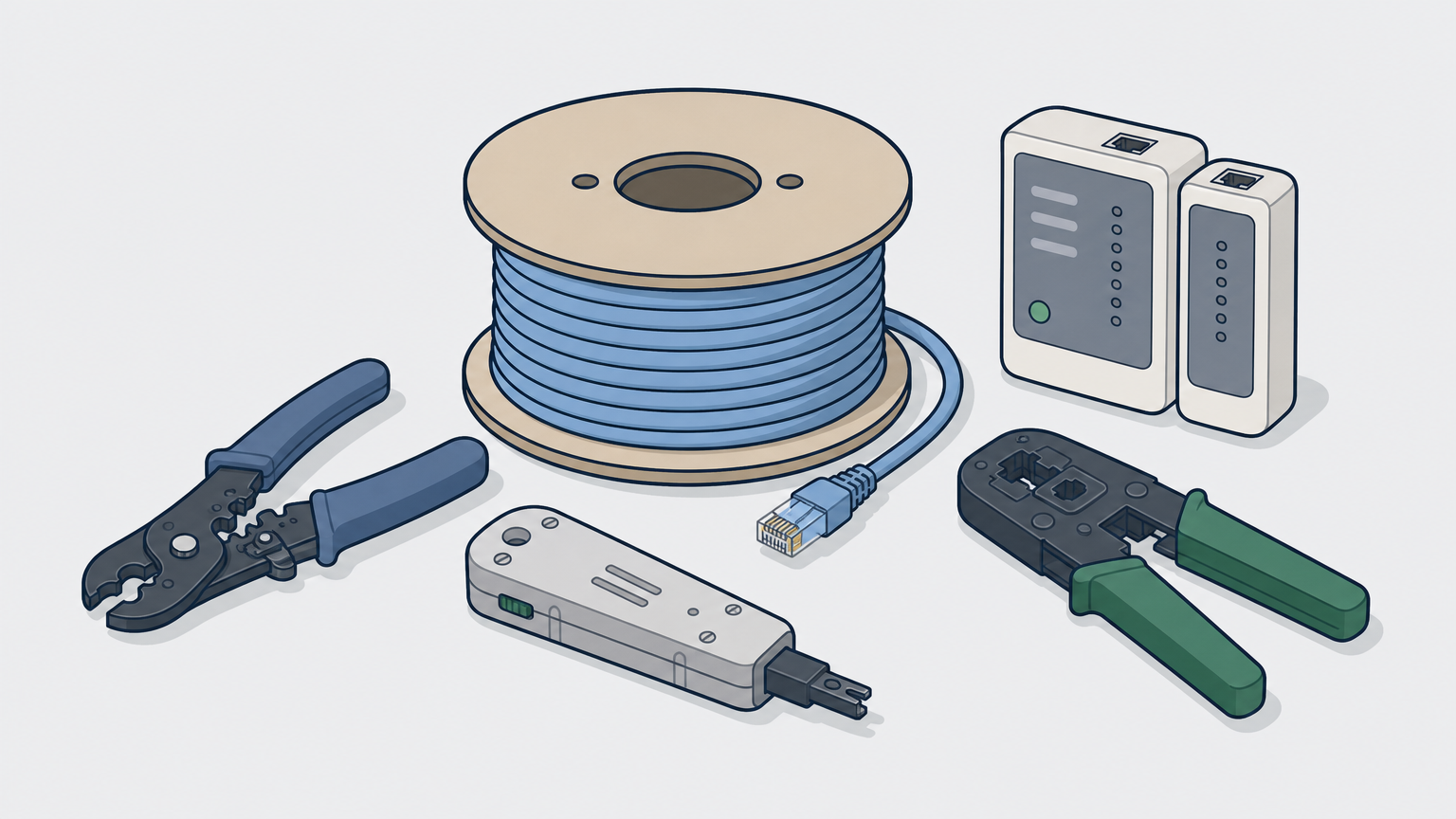 A workbench displaying cable stripper, punch-down tool, crimper, tester, and Cat6 cable spool.