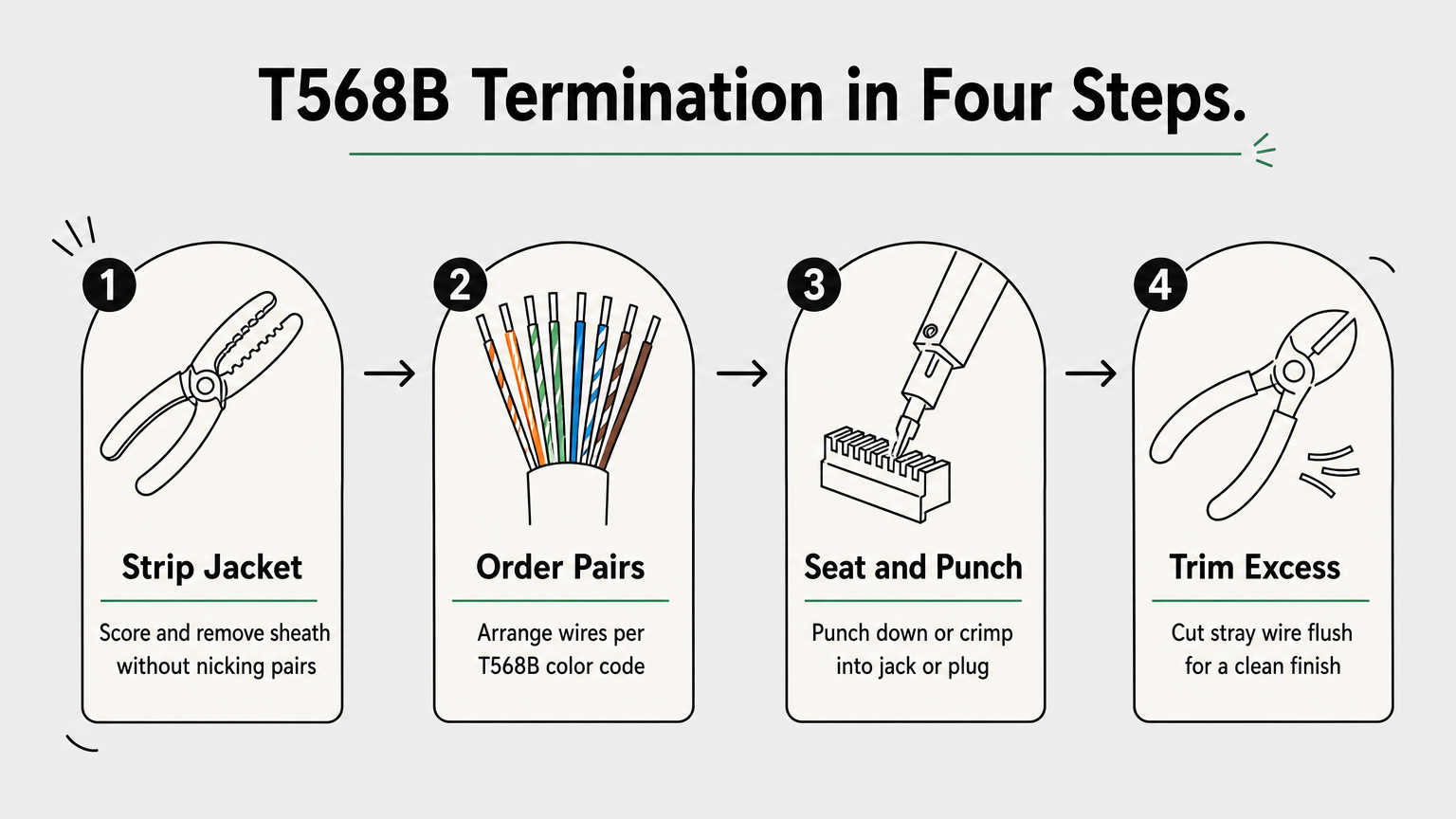Infographic showing four steps of terminating Cat6 cable using the T568B standard.