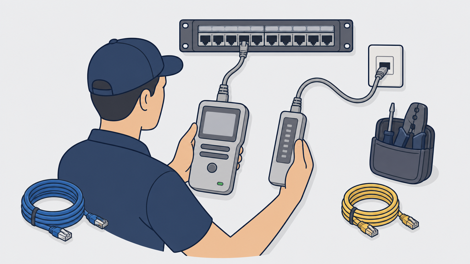 A technician uses a cable tester on a patch panel with labeled Cat6 cables nearby.