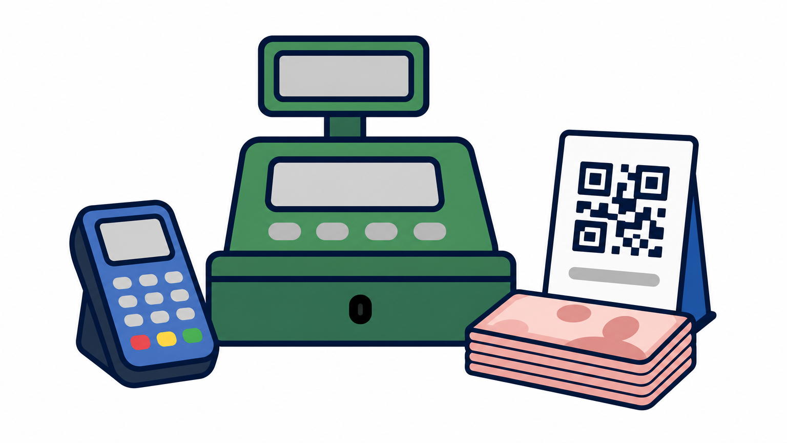 A shop counter in Bangkok with a card terminal, QR payment sign, and Thai baht banknotes.