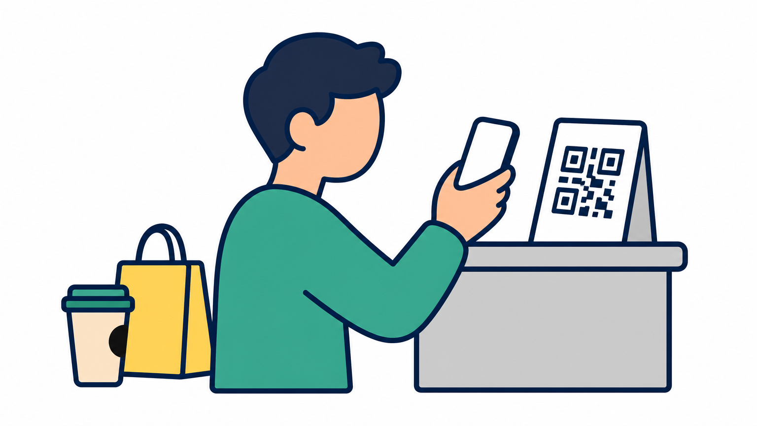 A young shopper scans a QR code with a smartphone at a retail counter to pay for goods.
