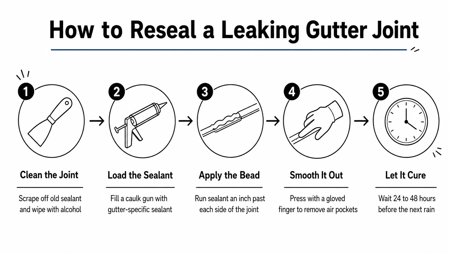 Five-step process graphic showing how to clean, apply, and cure gutter sealant.