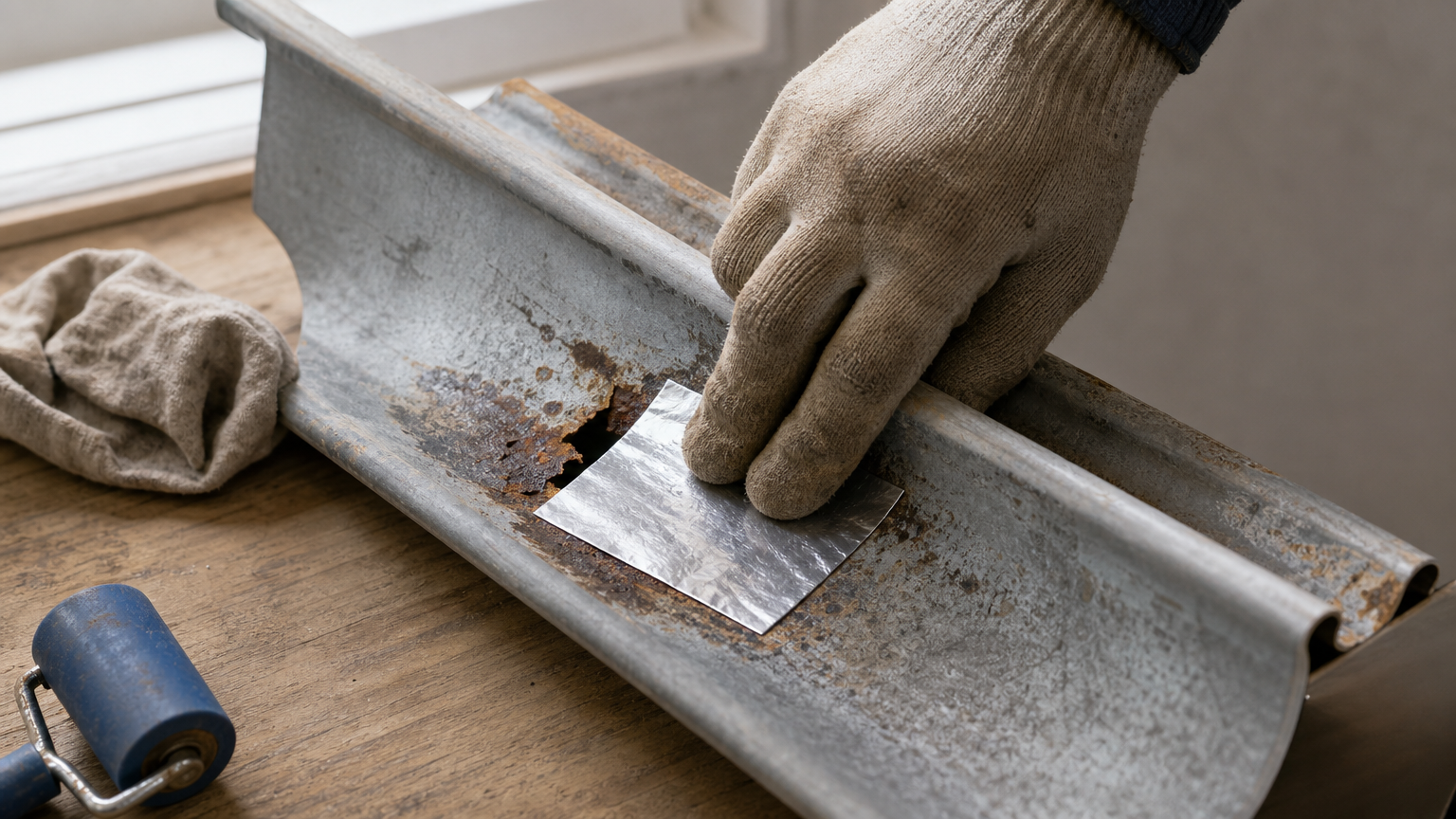 Gloved hand applying a metal patch over a rusted hole in a gutter.