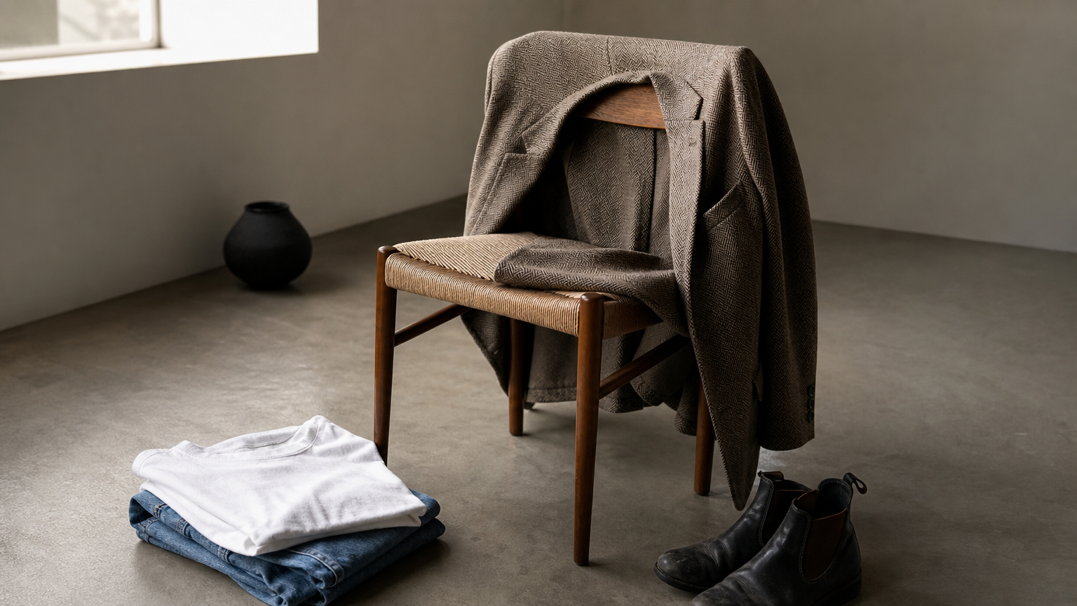 A tailored blazer hangs near jeans, a t-shirt, and ankle boots on the floor.