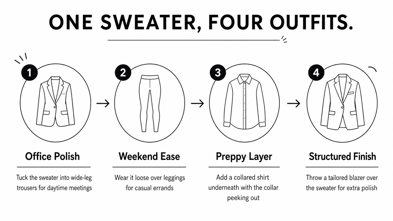 A four-step process graphic showing four ways to style one knit sweater.