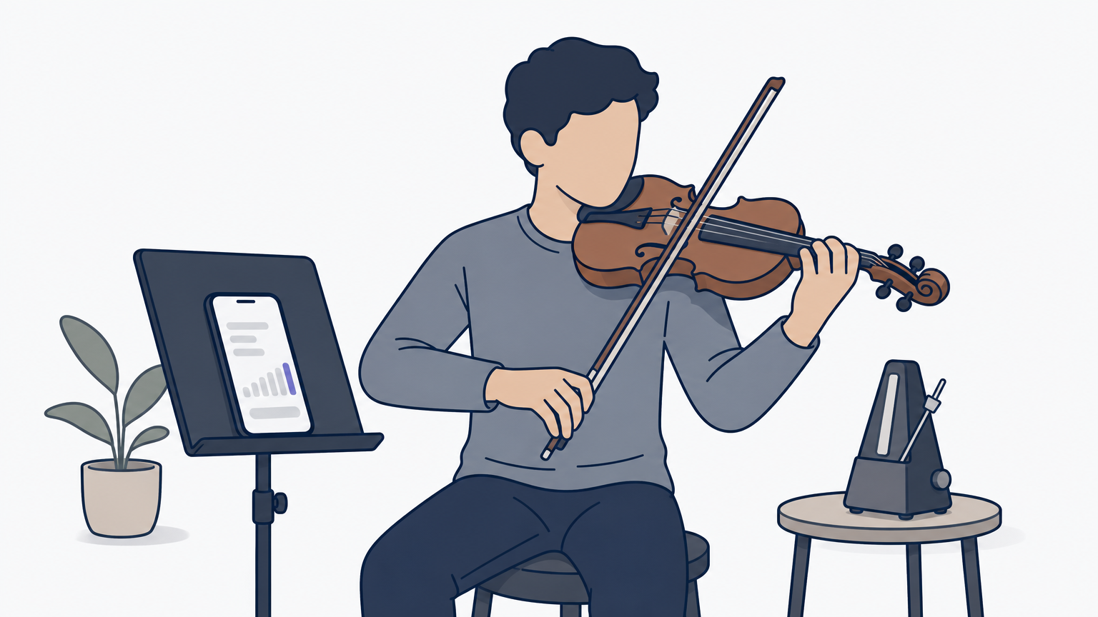 A violinist practices scales with a phone displaying a practice app on the music stand.