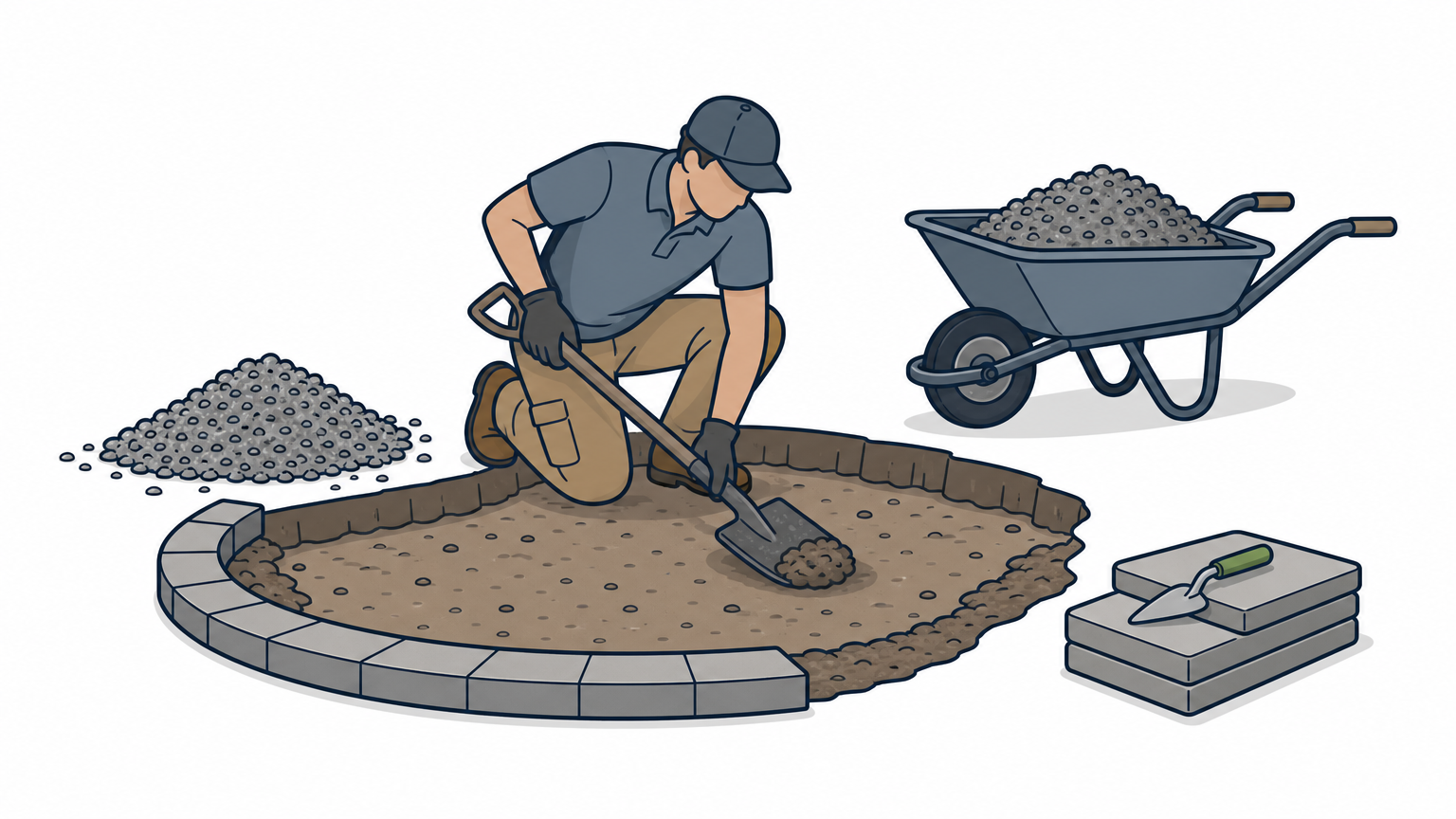 A contractor examines exposed soil in a partially excavated backyard patio area with gravel piles nearby.