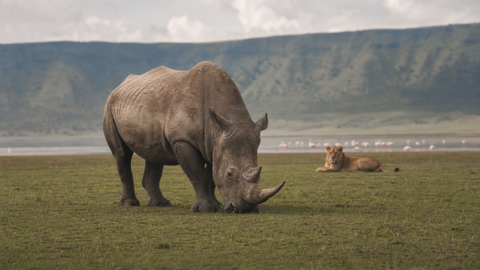 A black rhino grazes on grassland with a lion and flamingos visible in the background.