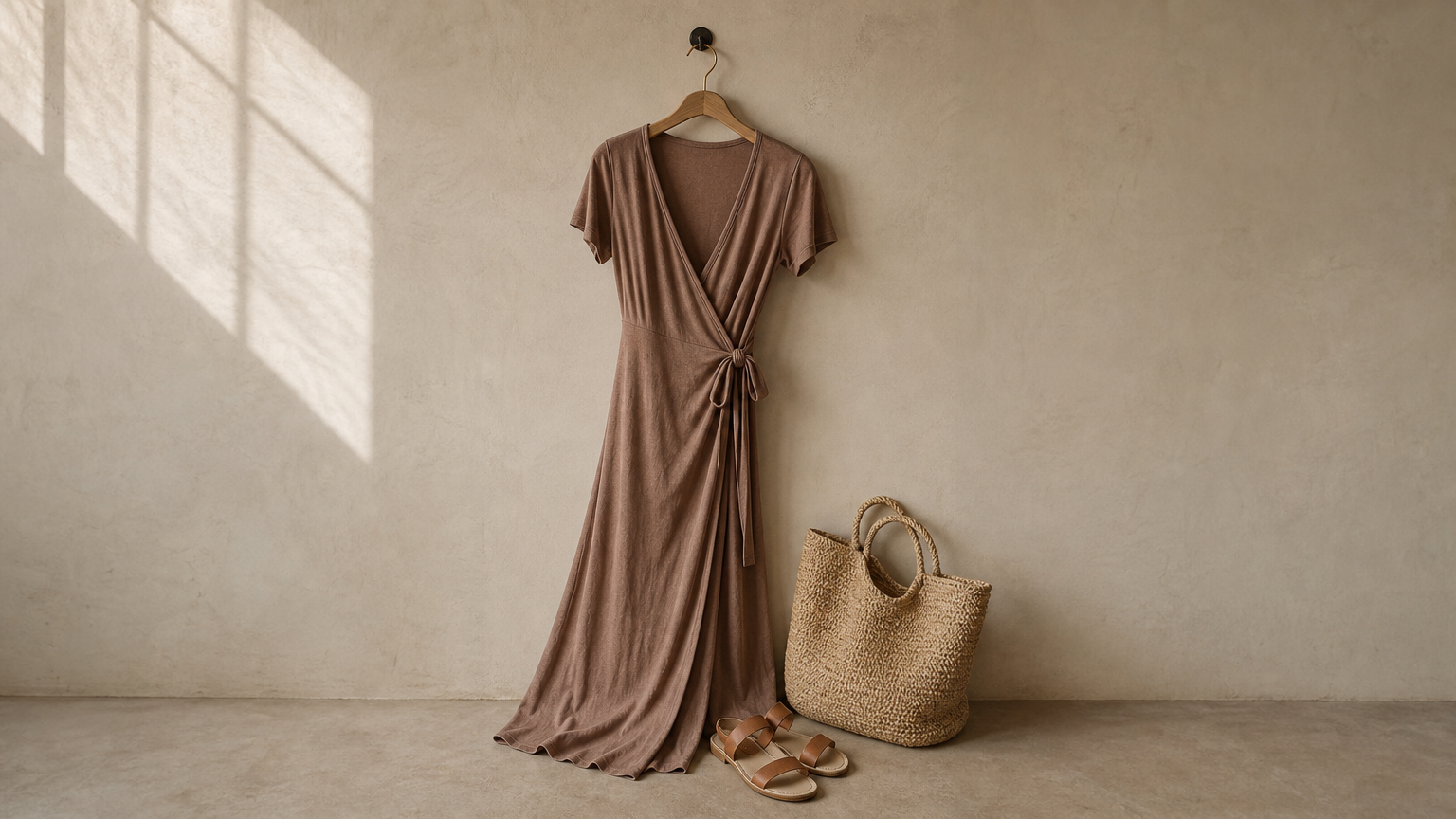 A wrap dress hangs beside sandals and a woven tote bag.