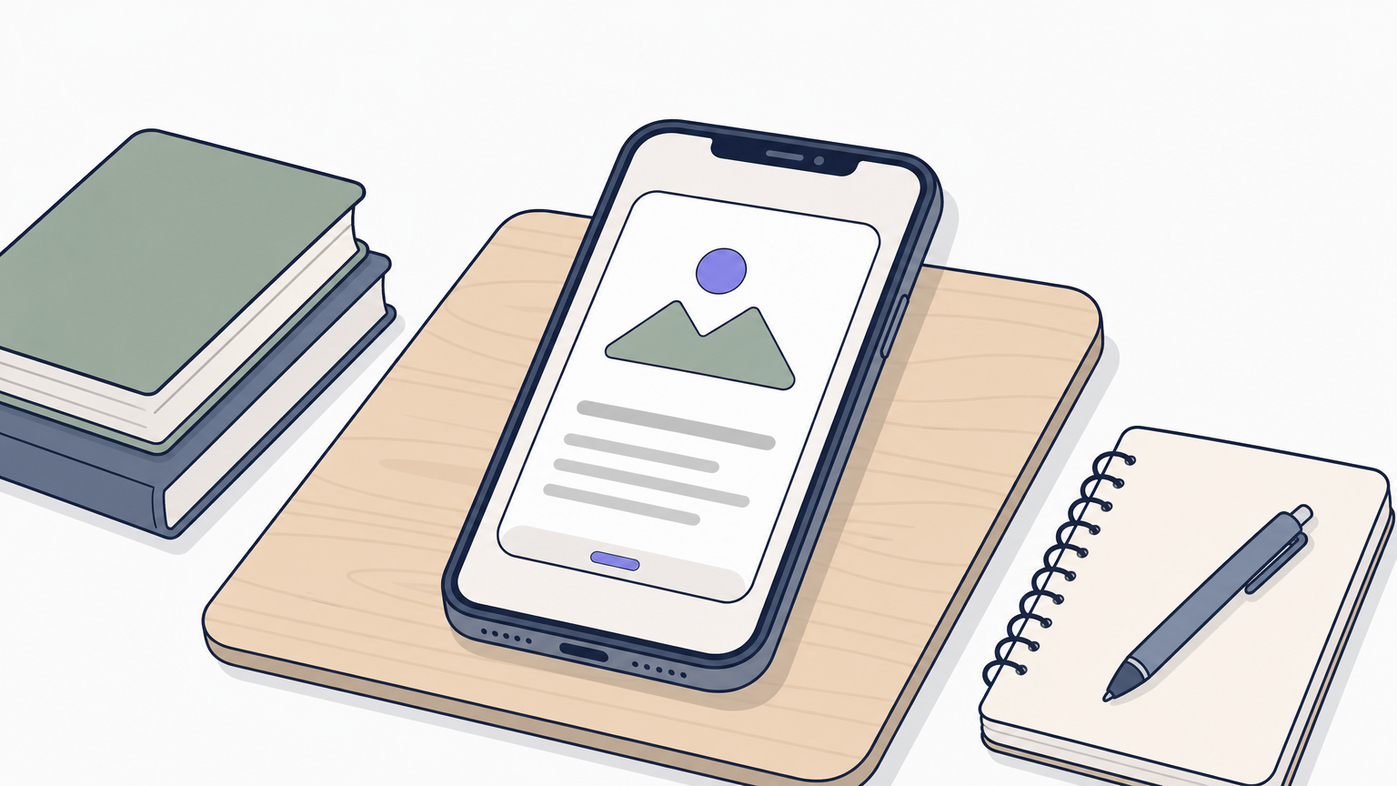 An iPhone showing a flashcard sits on a desk next to textbooks and a notebook.