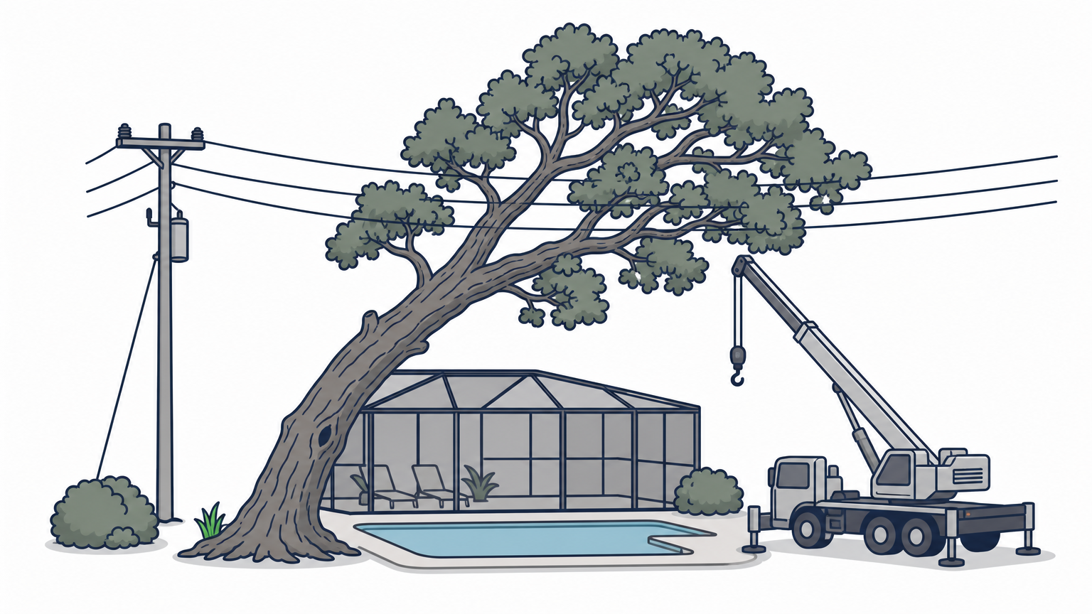 A large leaning oak tree hangs over a pool enclosure with power lines and a crane truck nearby.