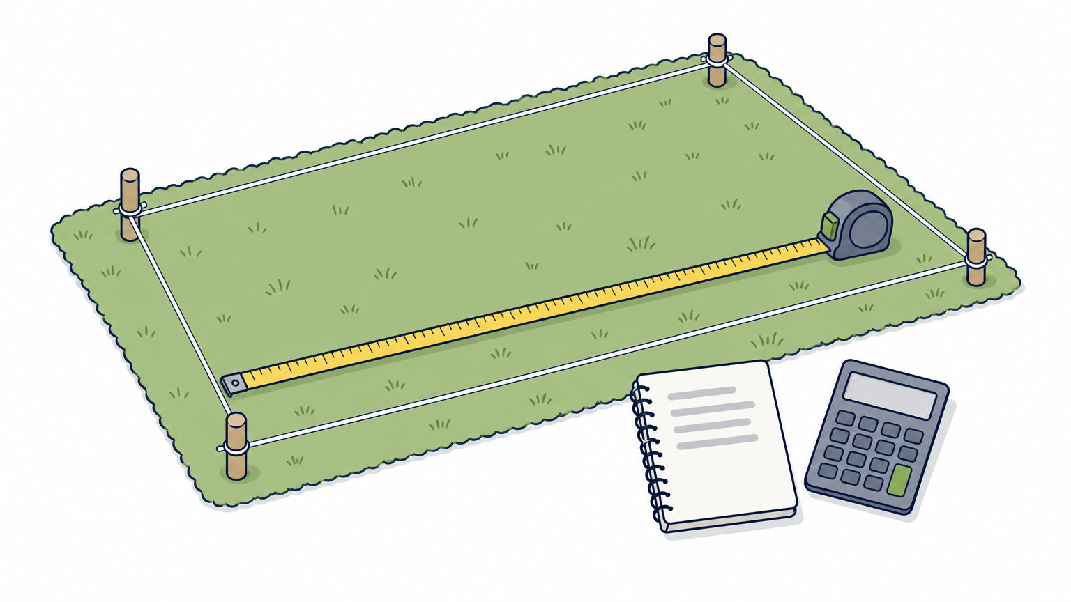 A tape measure lies across a marked rectangular patio outline on grass next to a notepad and calculator.