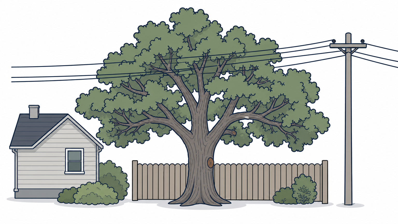 A large oak tree growing close to a house with power lines running through its upper branches.