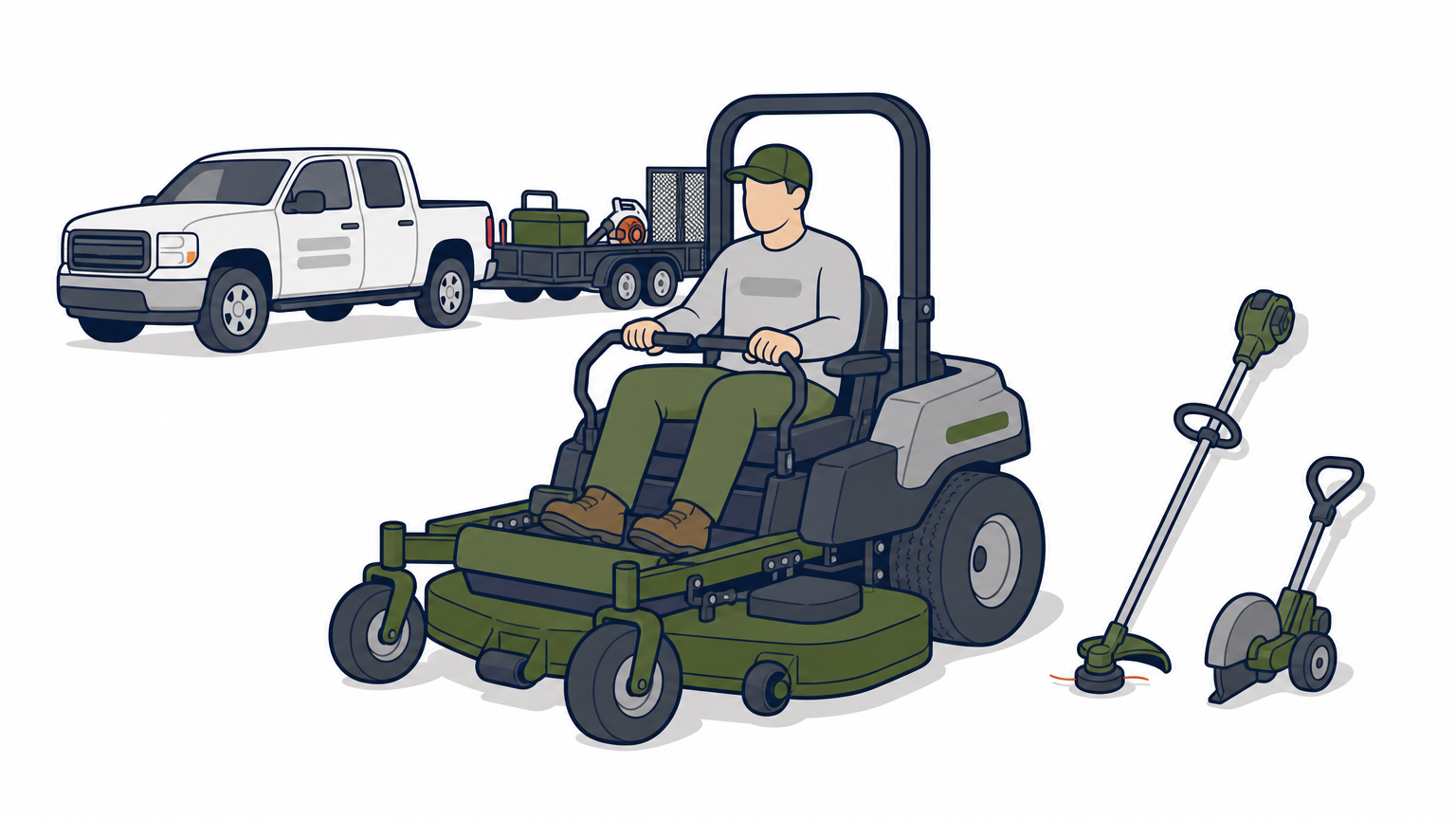 A landscaping crew member mows a lush lawn with a commercial mower near a parked truck and trailer.