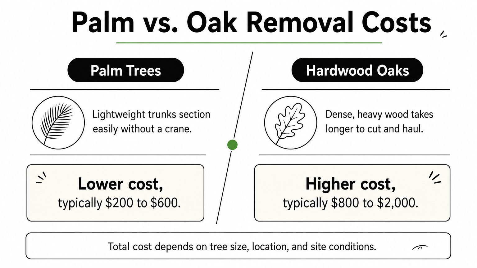 A comparison infographic contrasting palm tree removal costs with hardwood oak removal costs.