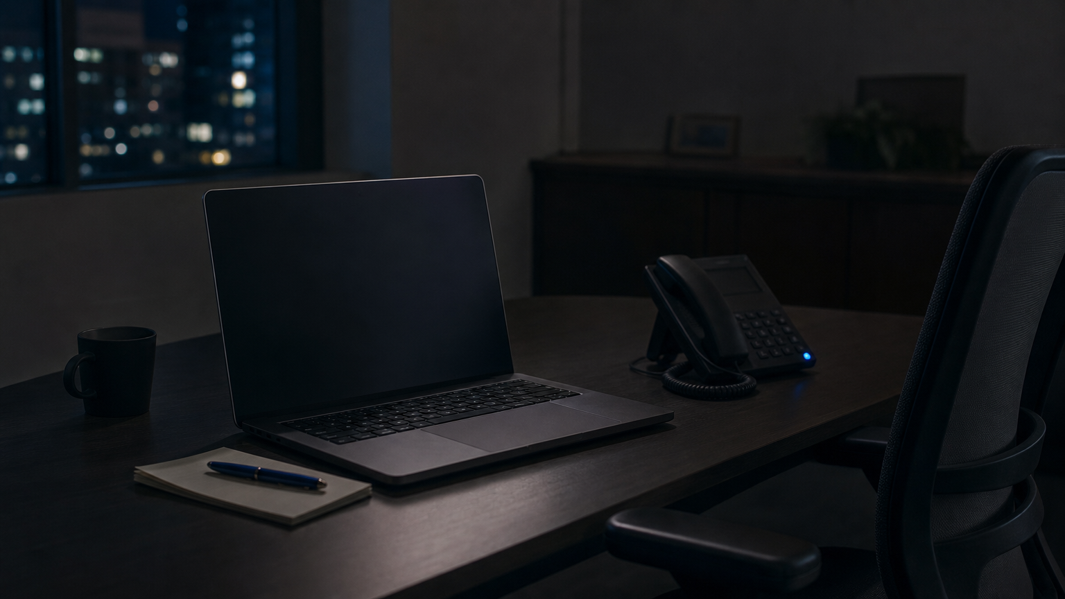 A laptop shows a security alert on a desk in a dark office at night with a ringing phone nearby.