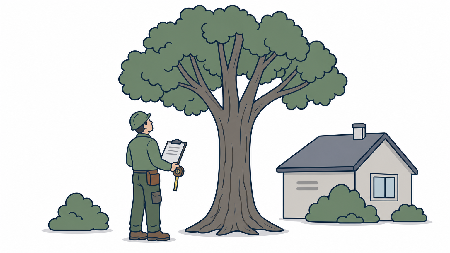 An arborist looks up at a large tree's canopy while holding a clipboard and measuring tape.