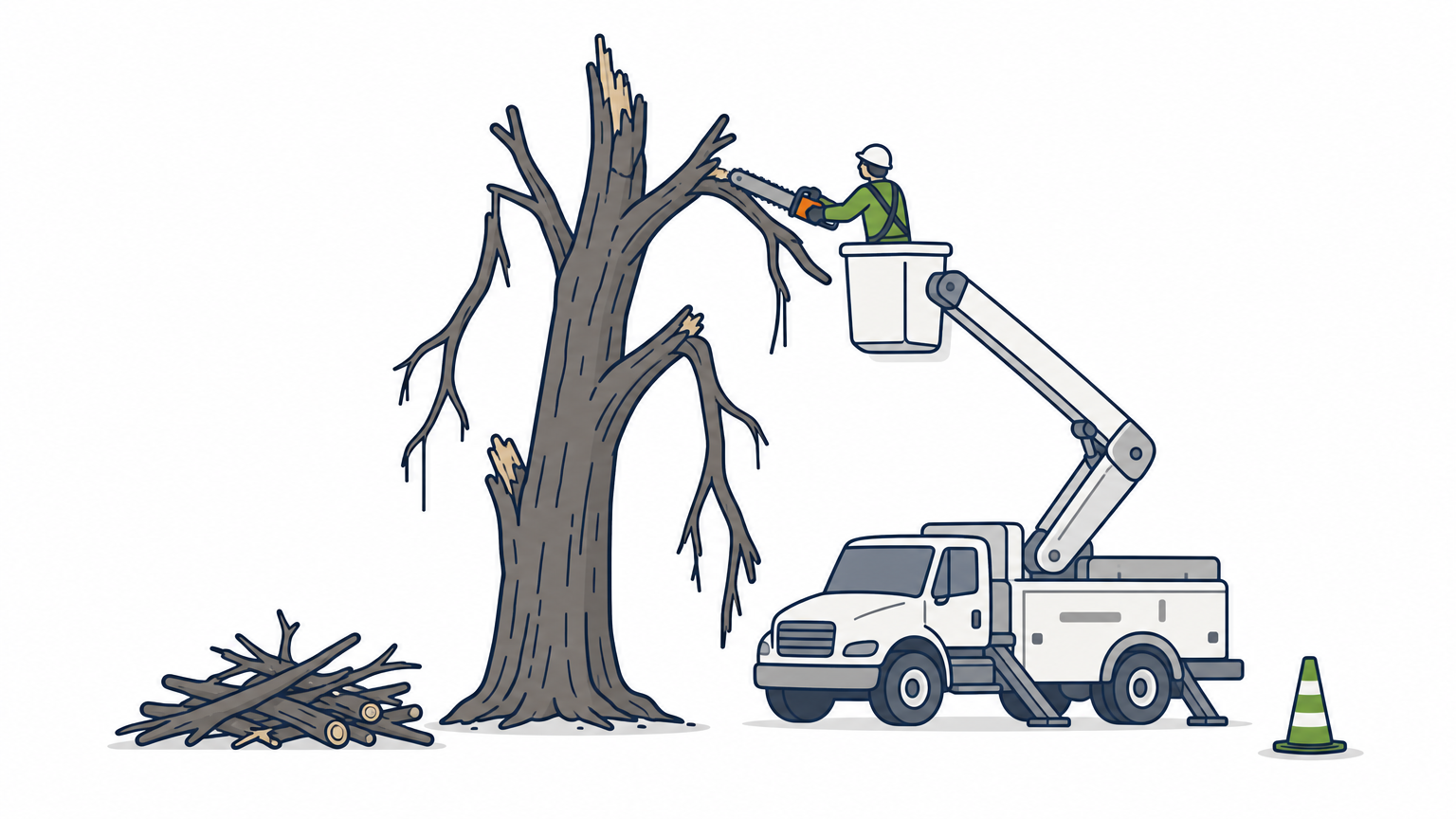 A worker in a bucket truck cuts branches from a dead, storm-damaged tree with broken hanging limbs.