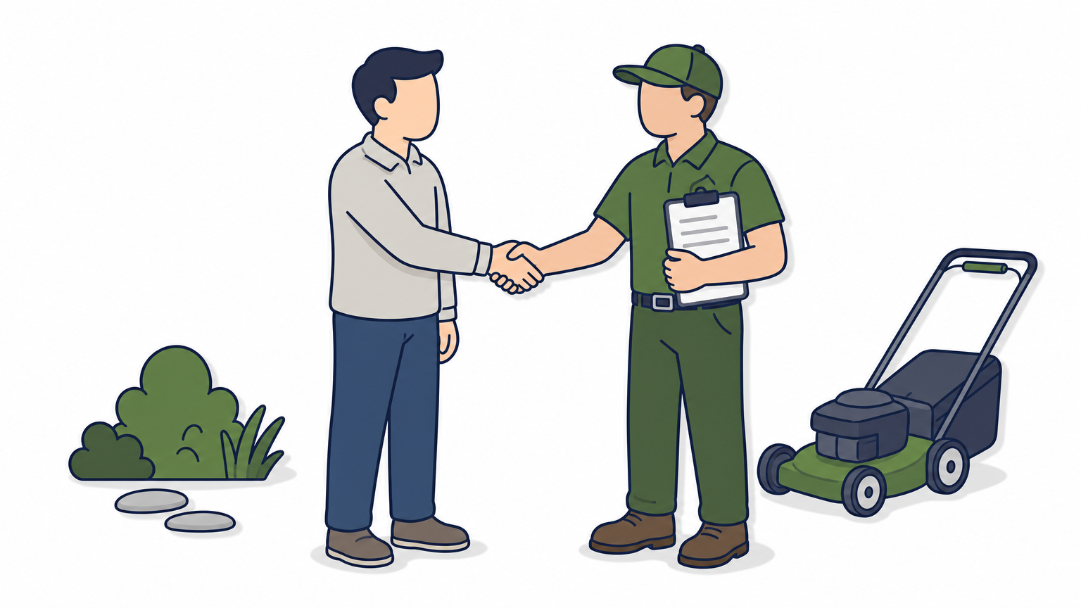 A homeowner shakes hands with a lawn care crew leader standing on a manicured lawn.