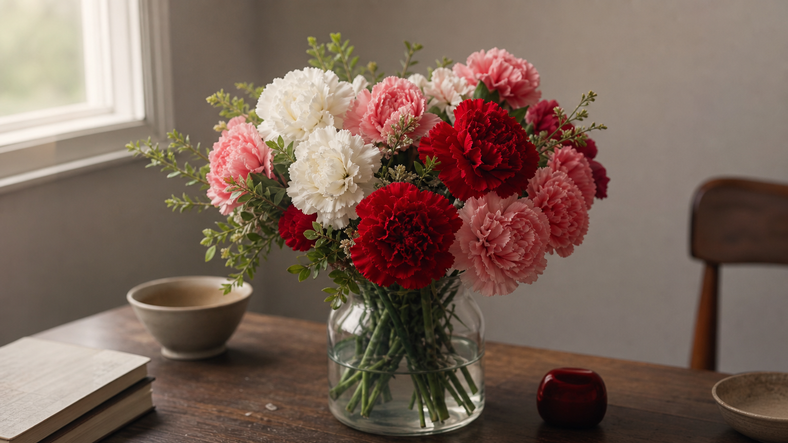 A bouquet of red, pink, and white carnations arranged in a vase.