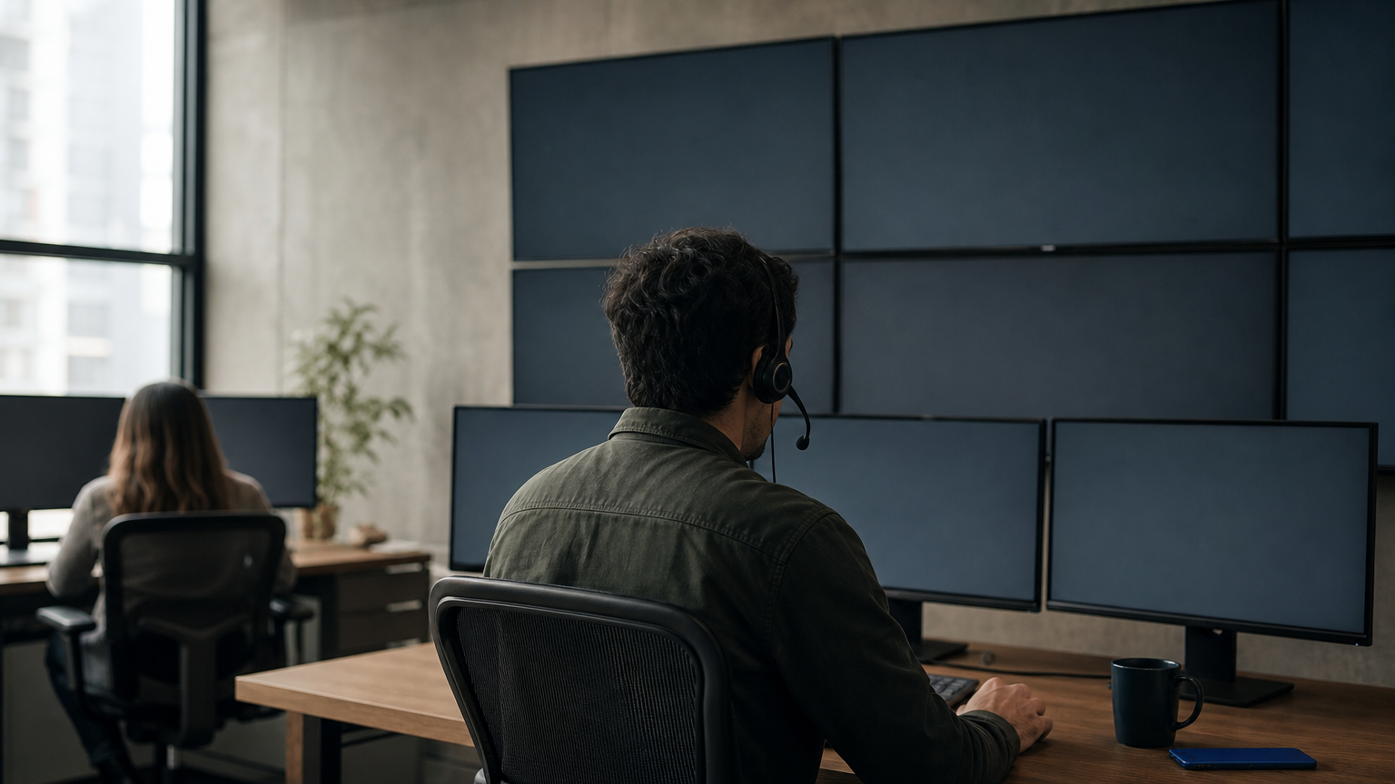 Two analysts sit at desks watching network dashboards on multiple monitors in a security operations room.