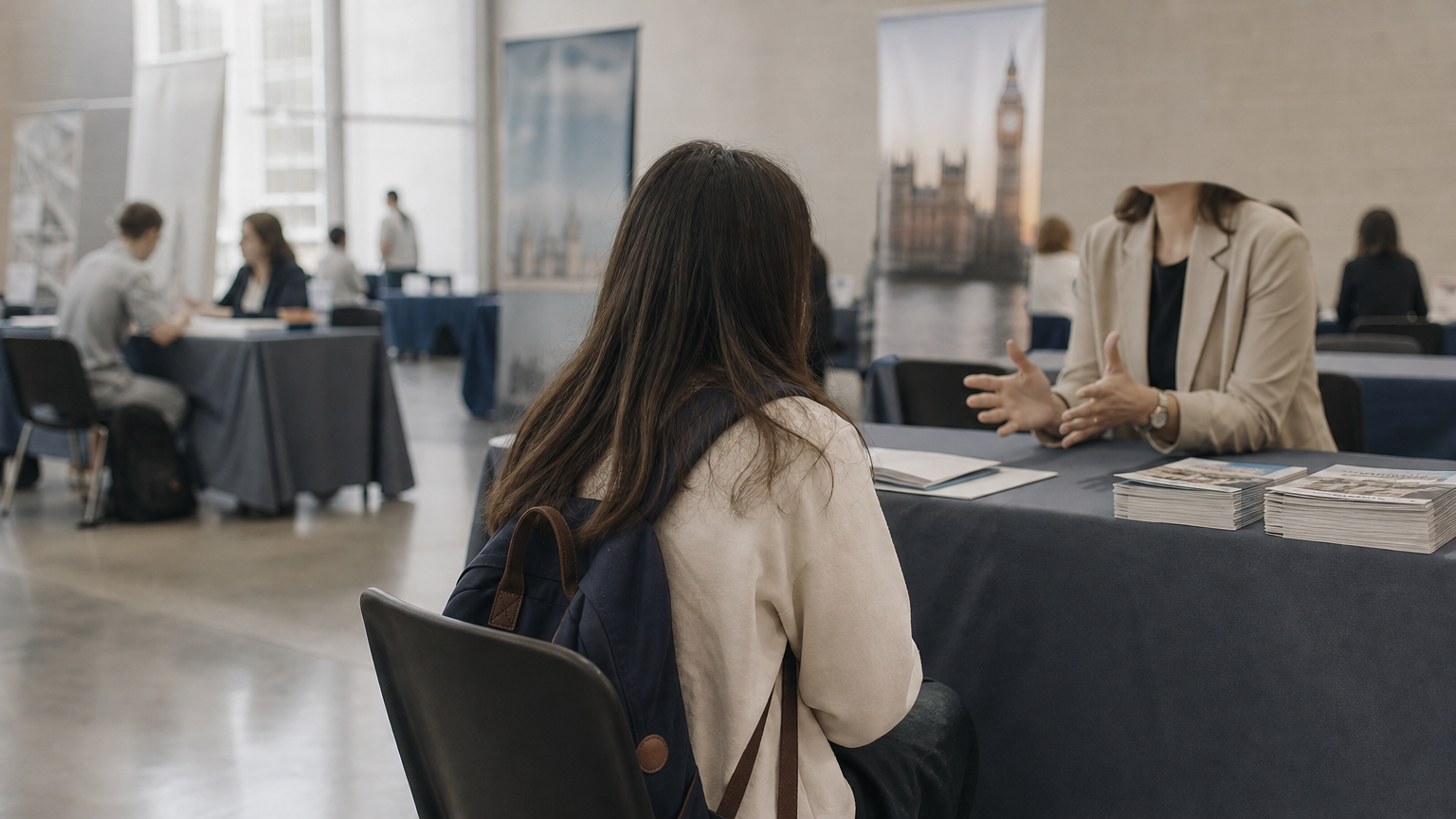 Students speaking with representatives at university booths inside an education fair hall.