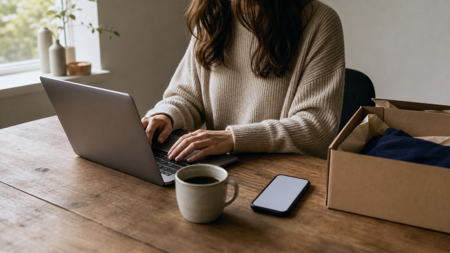A person works at a laptop with a smartphone and a small shopping box on the desk.