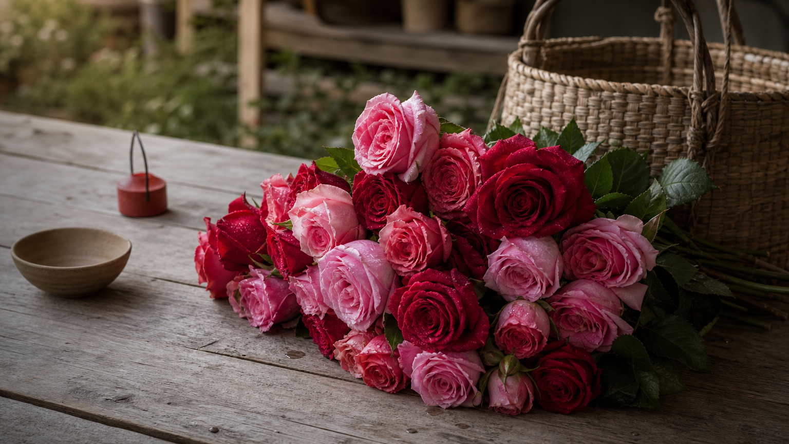 A bunch of freshly cut red and pink roses beside a woven basket.