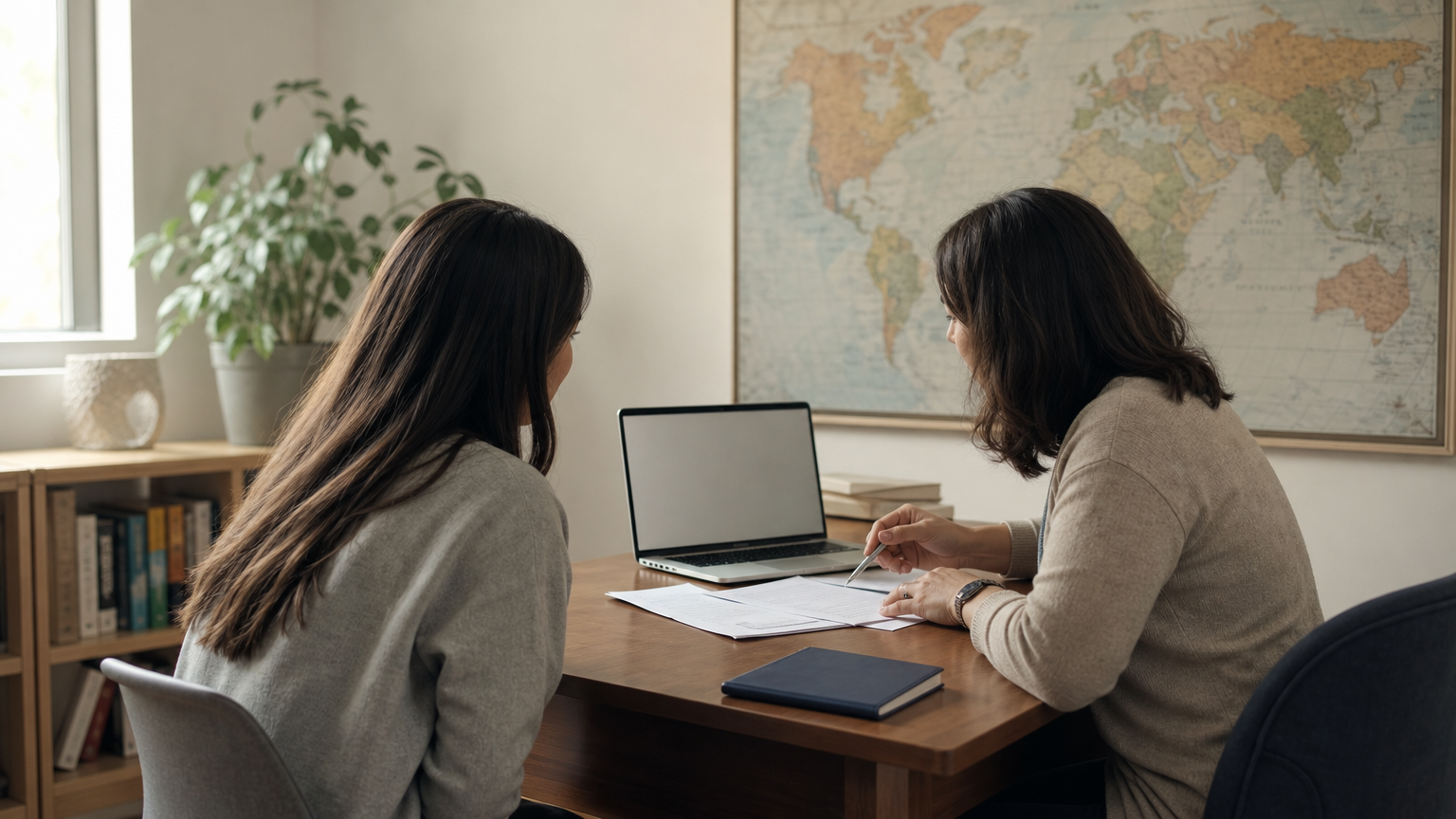 A counselor and student review application documents at a desk with a world map on the wall.
