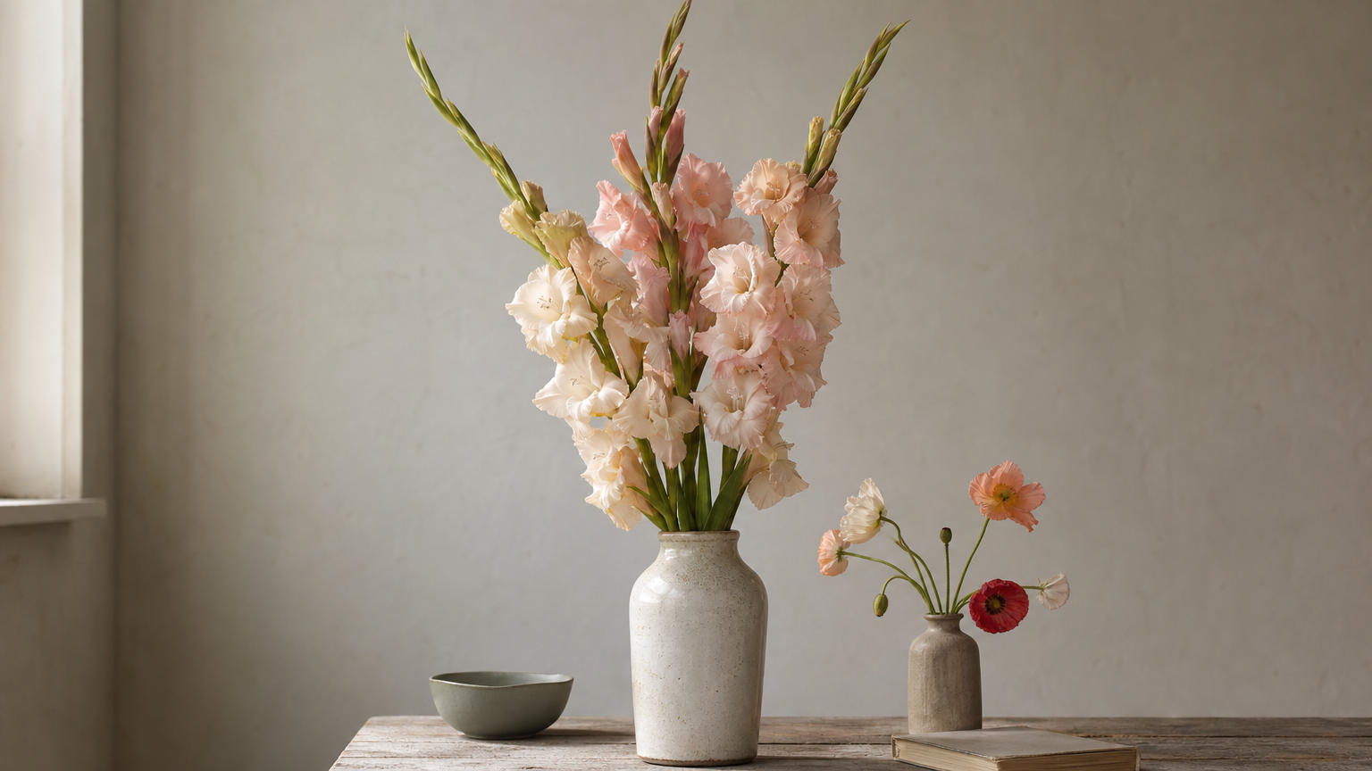 Tall gladiolus spikes in a vase next to delicate poppy flowers.