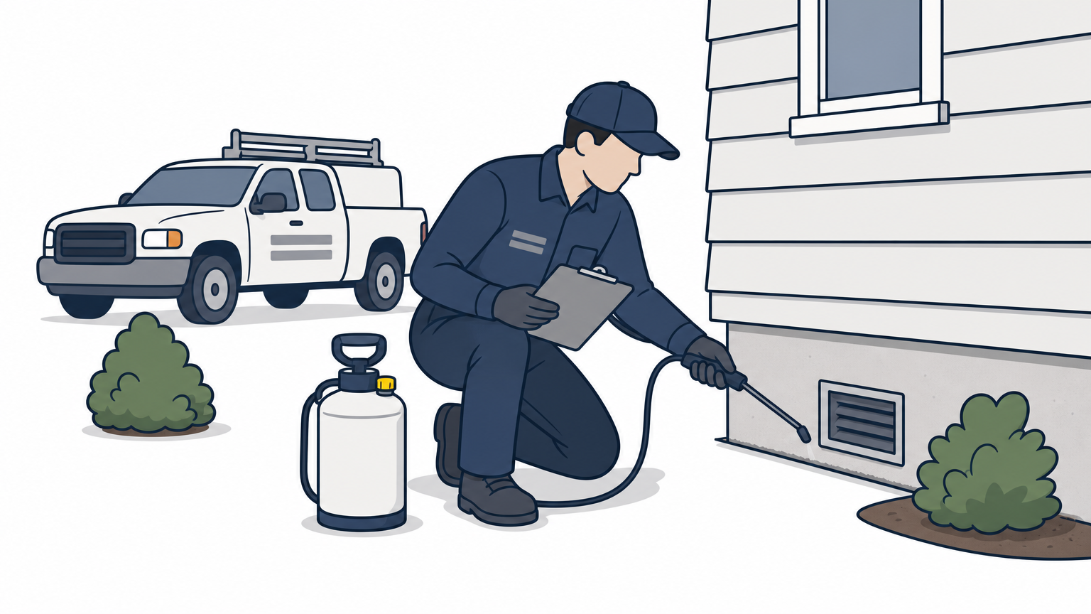 A uniformed pest control technician inspects a home exterior near a parked service truck.