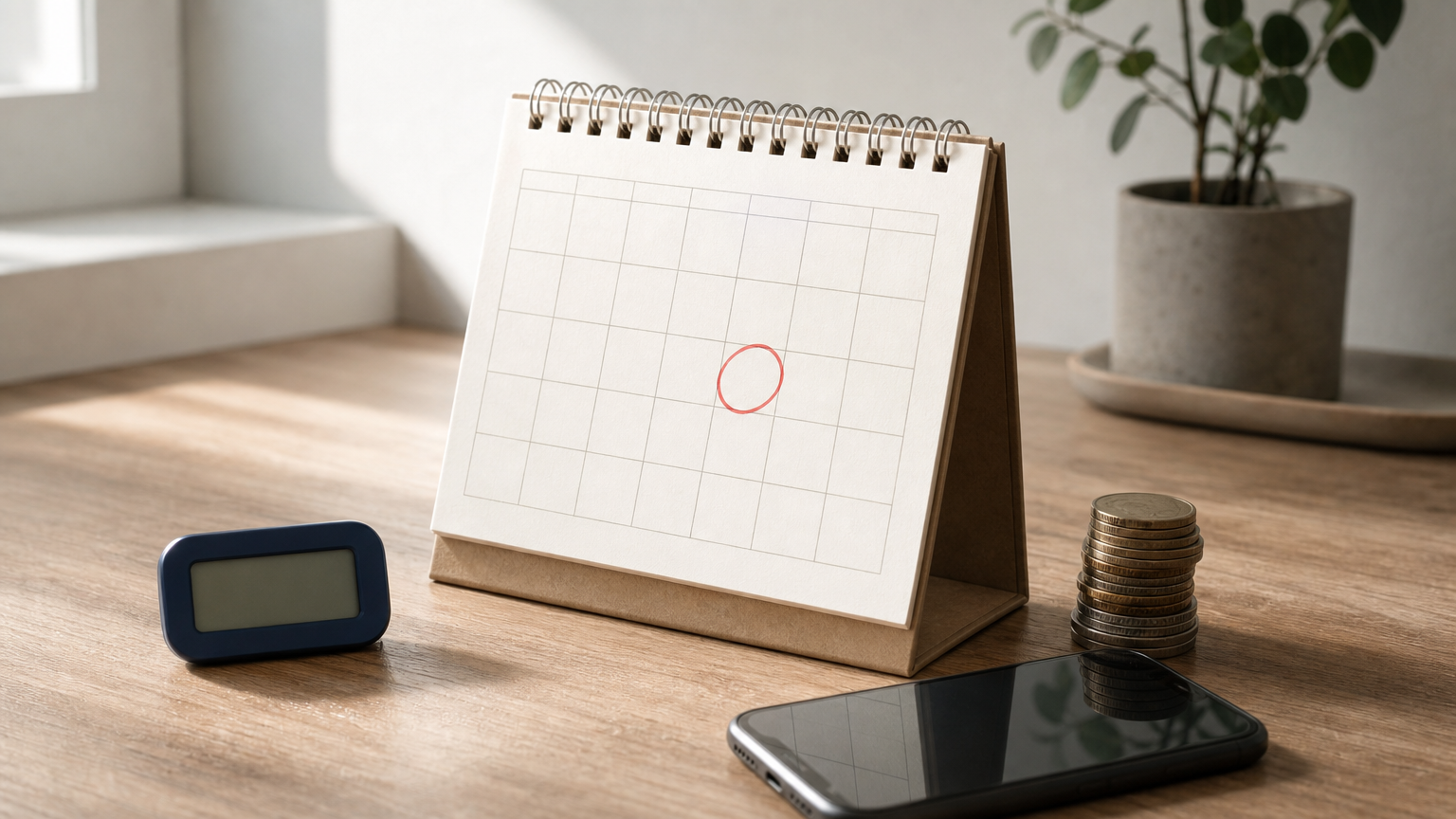 A calendar, a clock, and coins arranged on a desk to represent tracking time and payment timing.