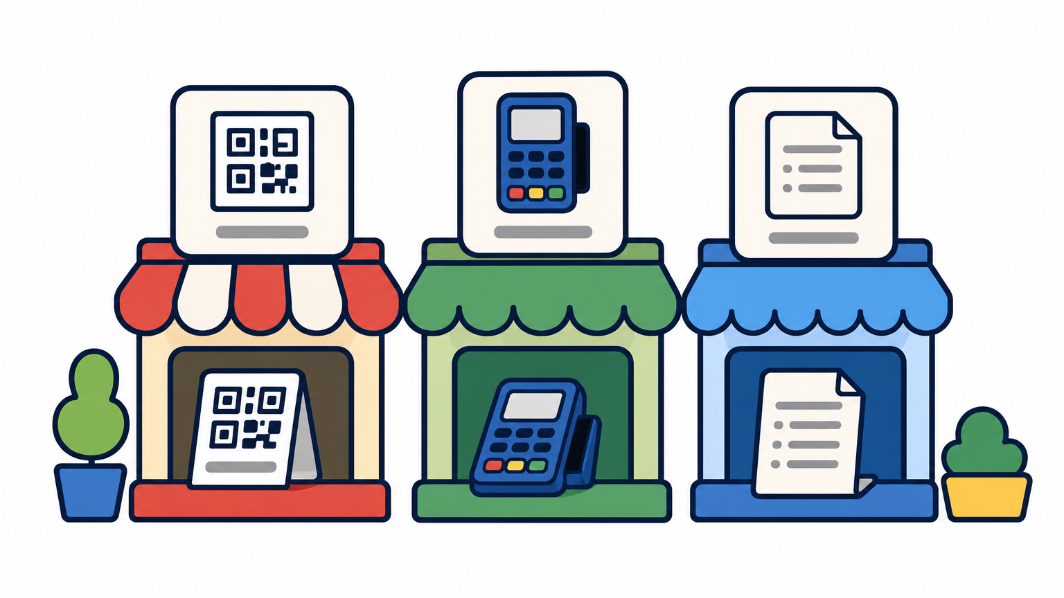 Several small storefronts each showing a different payment method sign side by side.