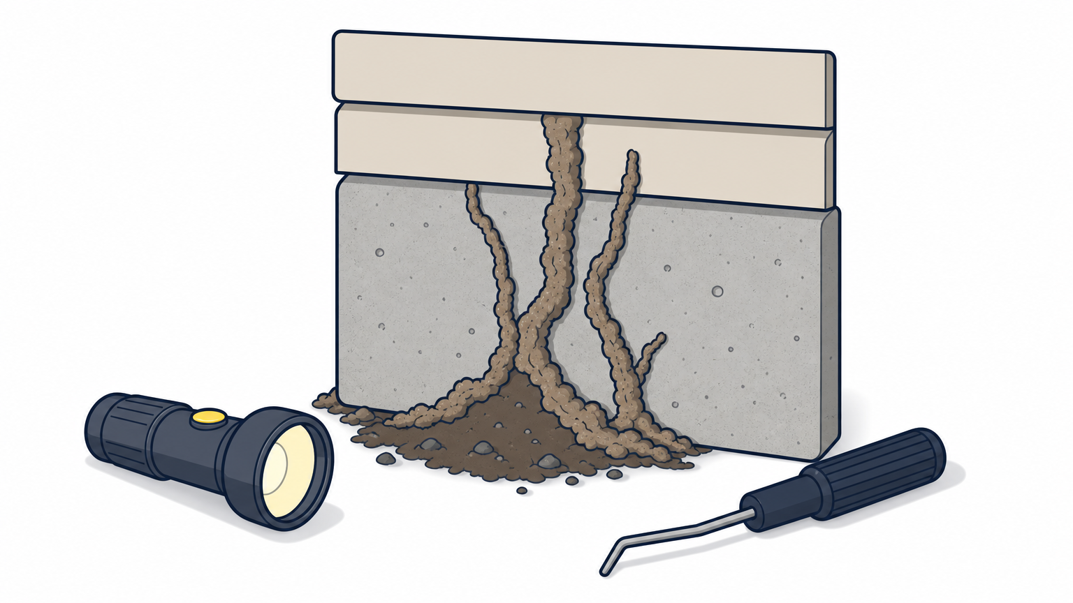 Close-up of termite mud tubes on a house foundation with an inspection flashlight nearby.