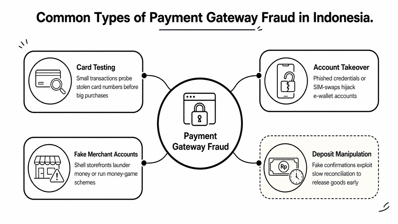 Hub diagram showing four types of payment gateway fraud branching from a central node.