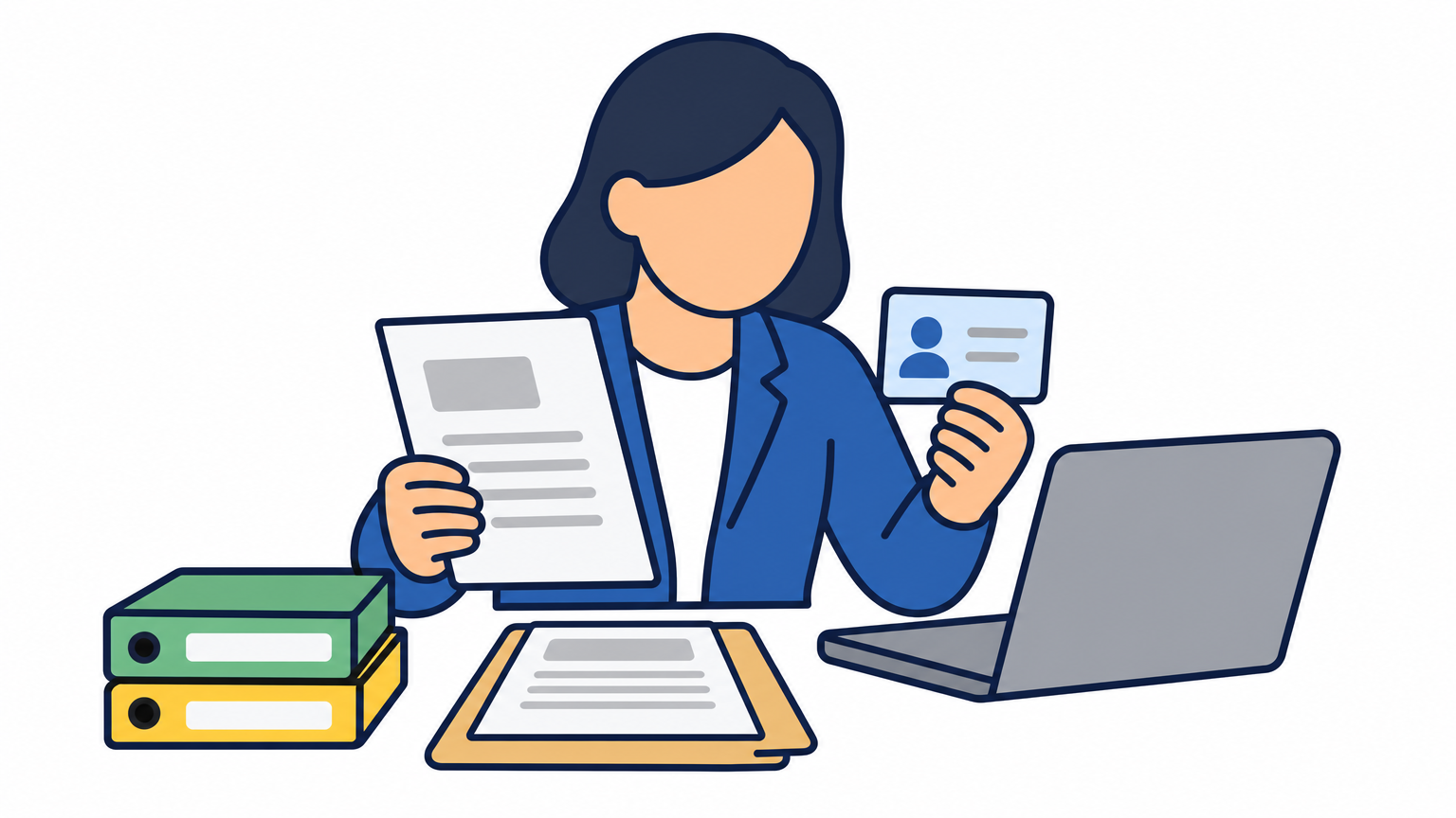A compliance officer examines business documents and identification at a desk.