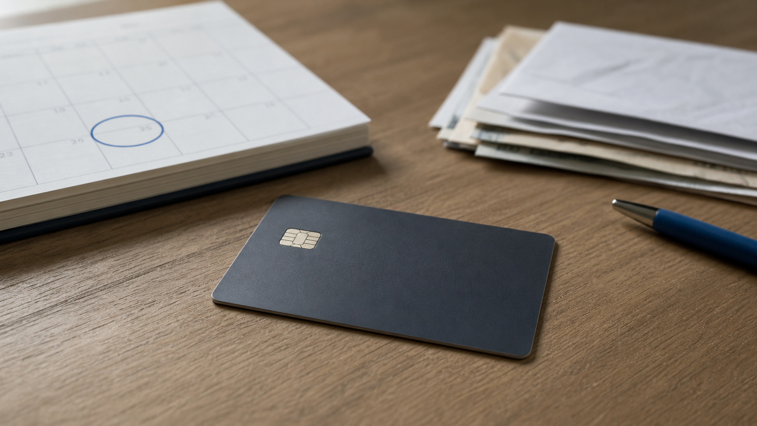A credit card resting on a desk beside a calendar with a circled payoff date.
