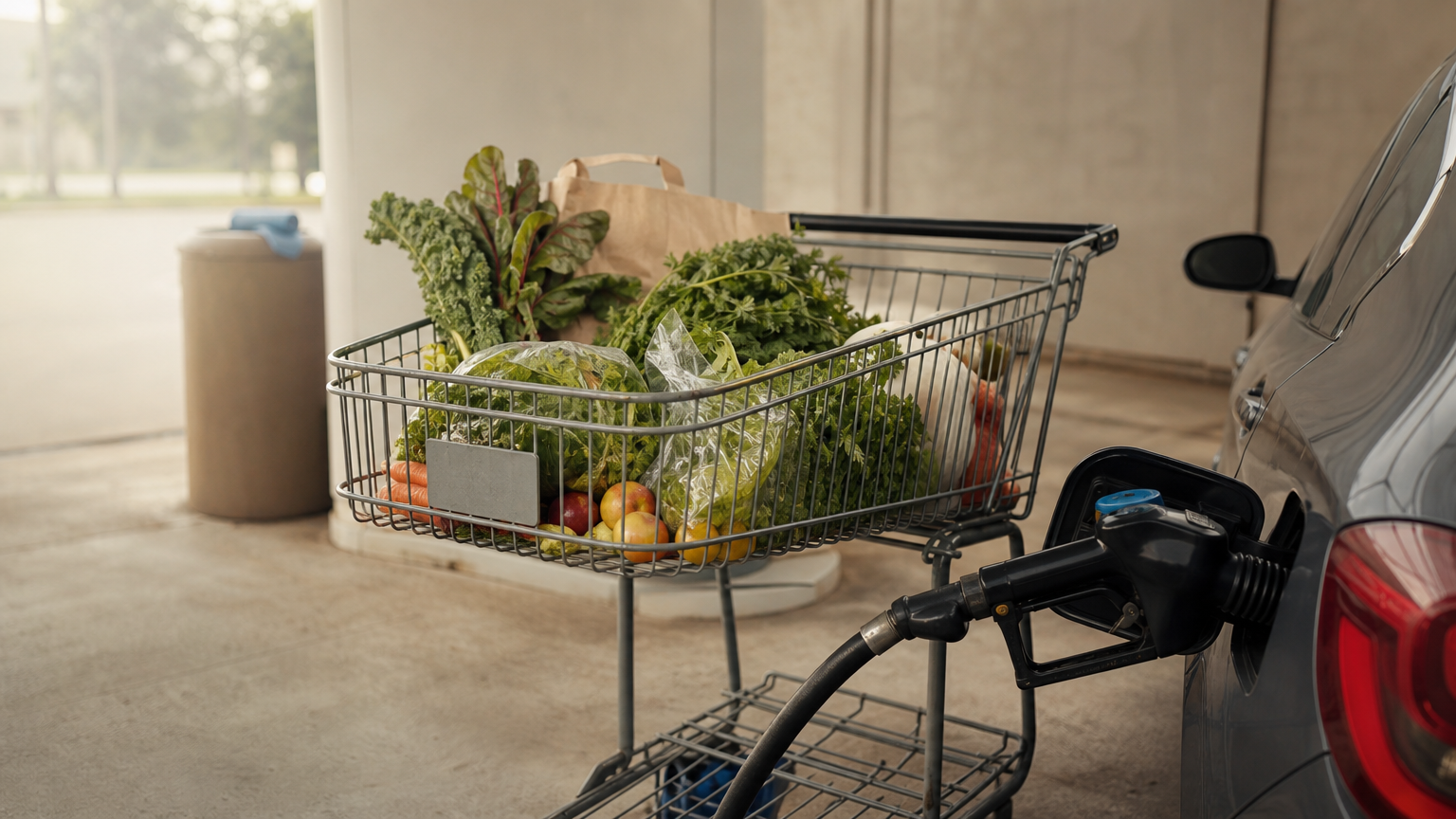 A grocery cart of produce next to a gas pump nozzle resting on a car.