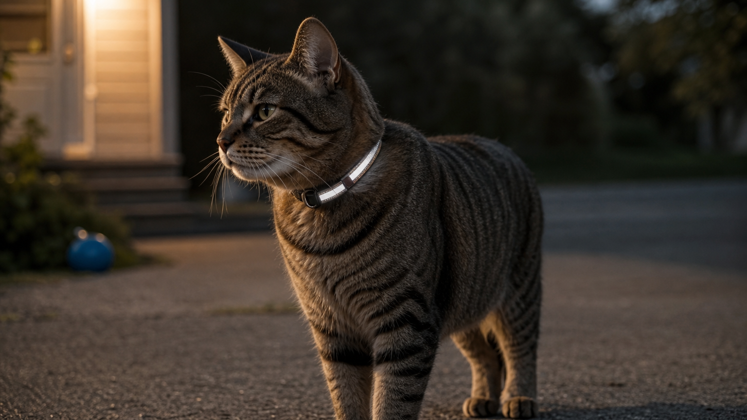 A cat outdoors at dusk wearing a reflective nylon breakaway collar that catches the light.