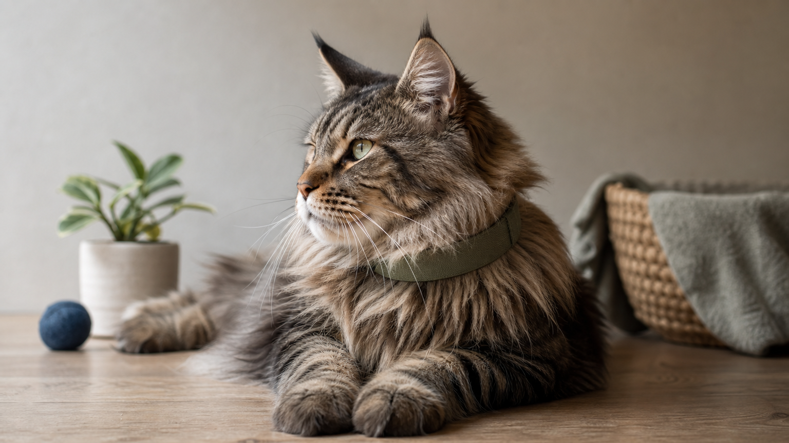 A large fluffy cat wearing an extra-wide breakaway collar around its thick neck.