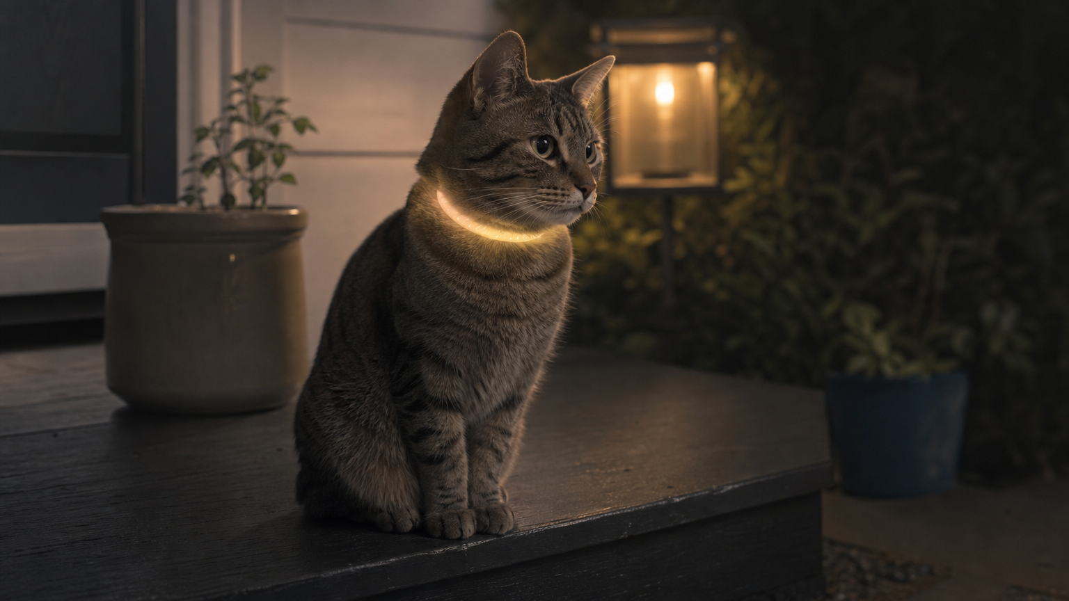 A cat on a nighttime porch wearing a collar that glows softly in the dark.