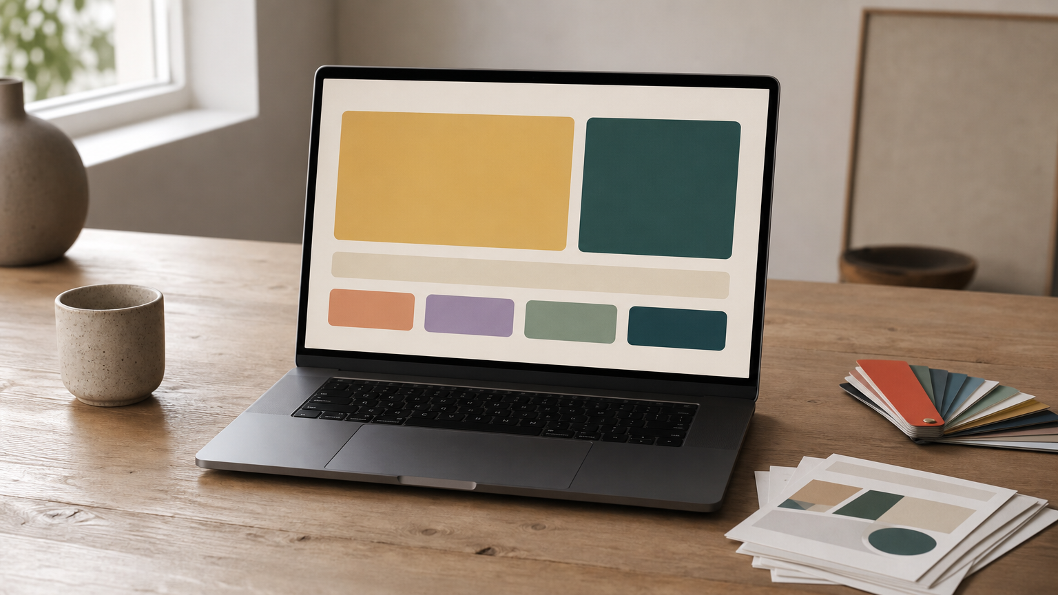 Laptop displaying a landing page hero design next to layout thumbnail cards and color swatches.